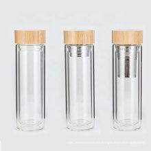 Botella de vidrio personalizada Botella de té de vidrio transparente de 350 ml con tapa de bambú